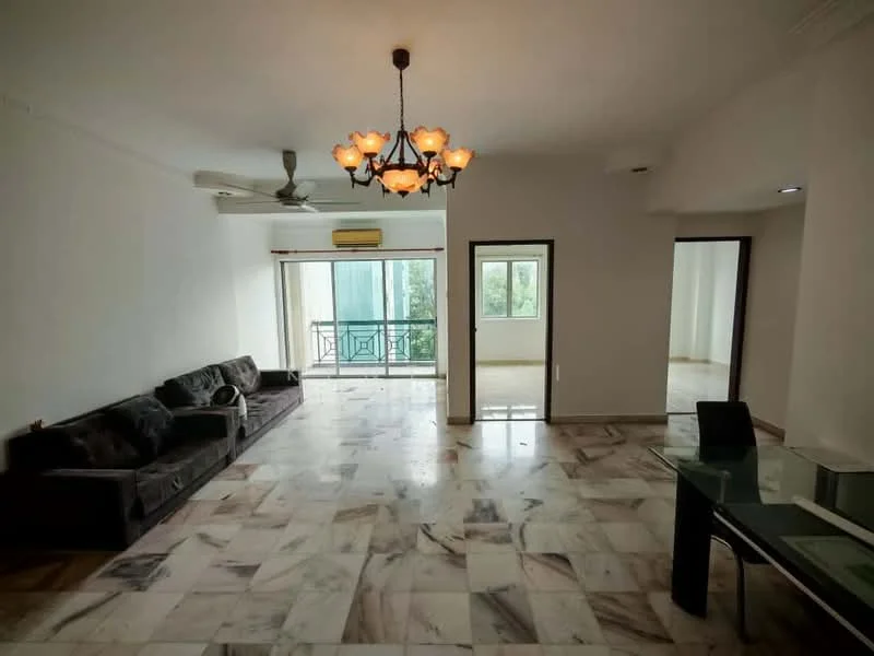 Living features: marble flooring, 5-blade ceiling fan with light, chandelier, sofa in dark fabric, sliding glass door, floor-to-ceiling windows, balcony access, neutral wall color, decorative wall molding, dining table with chairs, air conditioning unit; style: modern; view: garden.