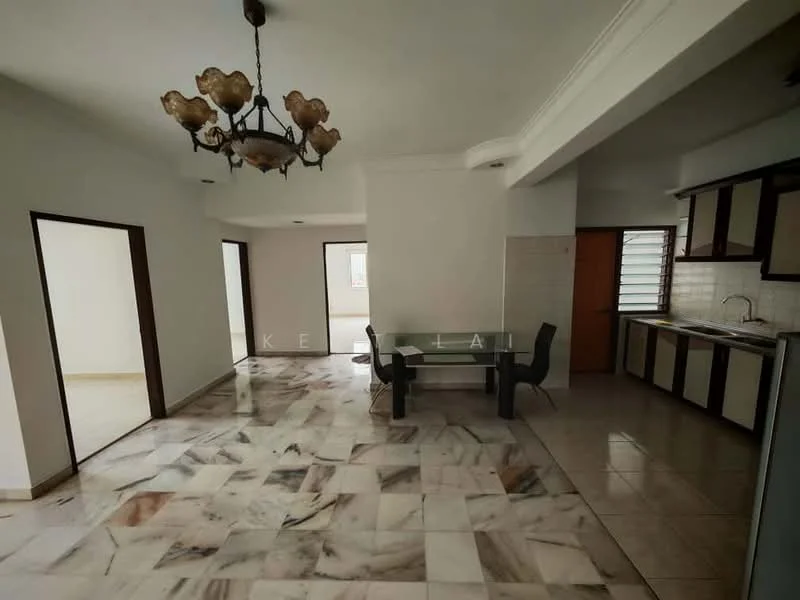 Living features: marble flooring, white painted walls, chandelier with multiple bulbs, ceiling rose, large windows with natural light, dining table with glass top, 4 black dining chairs, open layout, doorway leading to other rooms, kitchen area visible in background; style: modern. Kitchen features: wood cabinetry, countertop with sink, tile backsplash, window for natural light; style: modern.