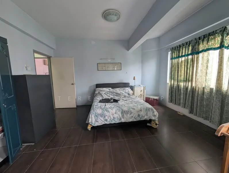 Bedroom features: king-size bed with floral bedding, wooden flooring, blue painted walls, ceiling light fixture, floor-to-ceiling windows, curtains with floral pattern, nightstand, wardrobe with sliding doors; style: modern.