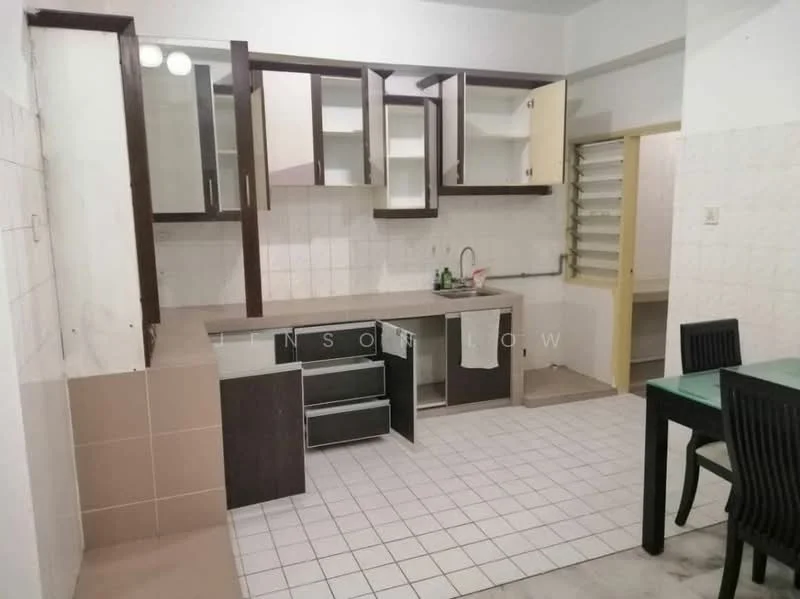 Kitchen features: white tiled walls, light grey tiled flooring, brown wooden cabinetry, glass-front upper cabinets, stainless-steel sink, single-bowl sink, chrome pull-down faucet, countertop with storage drawers, built-in oven, kitchen table with glass top, black dining chairs; style: modern.