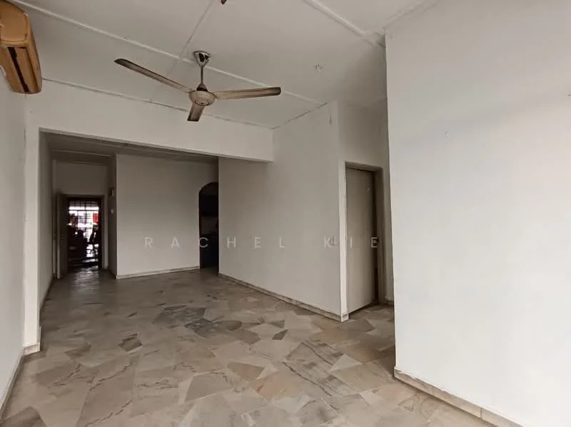 Room features: marble flooring, white painted walls, ceiling fan, doorway leading to another room, window with natural light, high ceiling, neutral color scheme, open layout; style: minimalist.