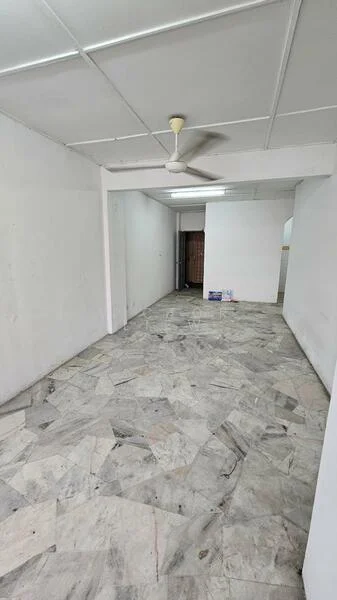 Room features: white painted walls, marble flooring, ceiling fan, fluorescent lighting, open layout, no visible furniture, neutral color scheme, large space; style: minimalist.