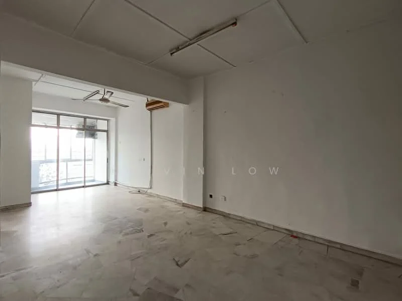 Room features: white painted walls, marble flooring, floor-to-ceiling windows, sliding glass door, ceiling fan, exposed ceiling, natural light from windows.