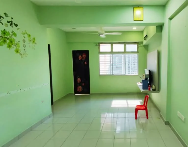 Living features: green painted walls, white tiled flooring, ceiling fan, large windows with blinds, wall-mounted TV, study desk, red plastic chair, decorative wall decals.