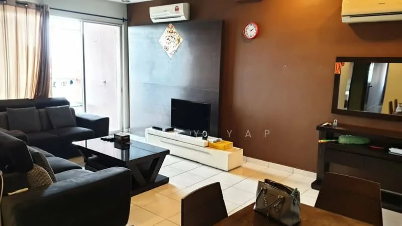Living features: 3-seater fabric sofa in dark grey, 2-seater fabric sofa in dark grey, coffee table, TV console in white, wall-mounted TV, decorative wall panel in dark wood, floor-to-ceiling windows with sheer curtains, recessed downlights, clock on wall, air conditioning unit, tile flooring, mirror on wall, side table, decorative items on console; style: modern.