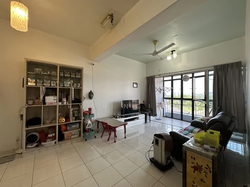 Living features: white painted walls, tile flooring, 5-blade ceiling fan, recessed downlights, floor-to-ceiling windows, curtains, black leather sofa, TV console, wall-mounted TV, coffee table, open shelving unit, decorative items on shelves, air conditioning unit; style: modern; view: city.