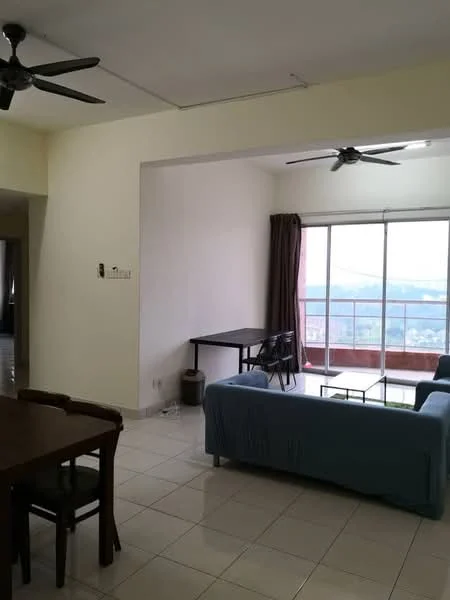 Living features: 3-blade ceiling fan, sofa in blue fabric, coffee table, dining table with 4 chairs, floor-to-ceiling windows, curtains in brown, tile flooring, neutral painted walls; style: modern; view: city.