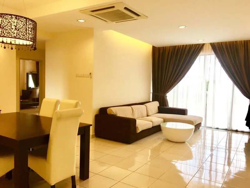 Living features: cream fabric sofa, white round coffee table, dark wood dining table, 4 upholstered dining chairs, floor-to-ceiling windows, sheer curtains, dark brown curtains, recessed downlights, wall-mounted split AC, glossy tile flooring, decorative chandelier; style: modern.