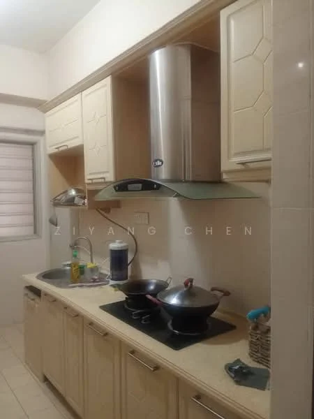 Kitchen features: cream cabinetry with decorative panels, granite countertop, stainless-steel range hood, built-in gas hob, two cooking pots on stove, kitchen sink, window with horizontal blinds, wall-mounted storage shelf, tile backsplash, light-colored tiled flooring; style: modern.