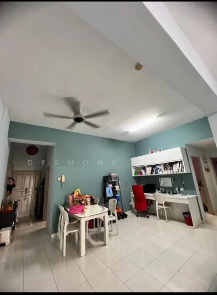 Room features: light blue painted walls, white ceiling, 5-blade ceiling fan, white tiled flooring, round dining table, 4 white dining chairs, red office chair, white desk with storage, bookshelves, kitchen counter with cabinets, door leading to hallway; style: modern.