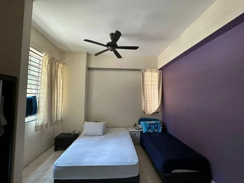 Bedroom features: single bed, blue sofa bed, ceiling fan, light-colored walls, purple accent wall, window with sheer curtains, tile flooring, nightstand, bedding on bed; style: modern.