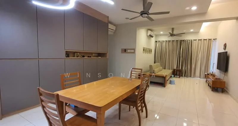 Dining features: wooden dining table, 4 wooden dining chairs, grey cabinetry, white tiled flooring, recessed ceiling lights, 2 ceiling fans, wall-mounted TV, sofa in beige fabric, curtains in light fabric, air conditioning unit; style: modern.