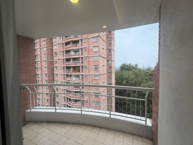 Room features: balcony, curved railing, tiled flooring, brick wall, view of adjacent building, greenery in background, overhead lighting; view: garden.