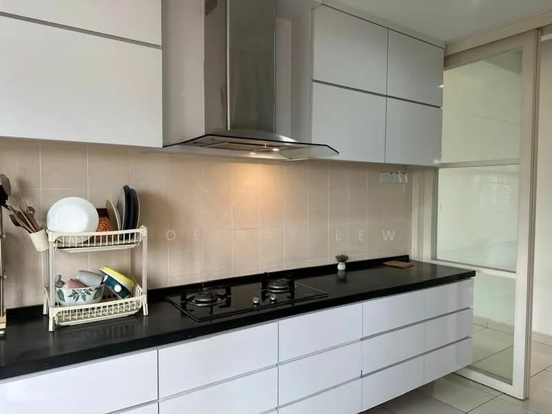 Kitchen features: white flat-panel cabinets, black countertop, built-in gas hob, stainless-steel range hood, ceramic tile backsplash, white ceramic tile flooring, open shelving, dish rack with plates, window for natural light, glass door leading to another area; style: modern.