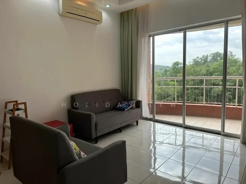 Living features: 2-seater fabric sofa in grey, 1-seater fabric sofa in grey, floor-to-ceiling sliding glass door, white painted walls, white ceiling, recessed downlights, tile flooring, wall-mounted split AC, curtains in light green and cream, decorative throw pillows; style: modern; view: garden.