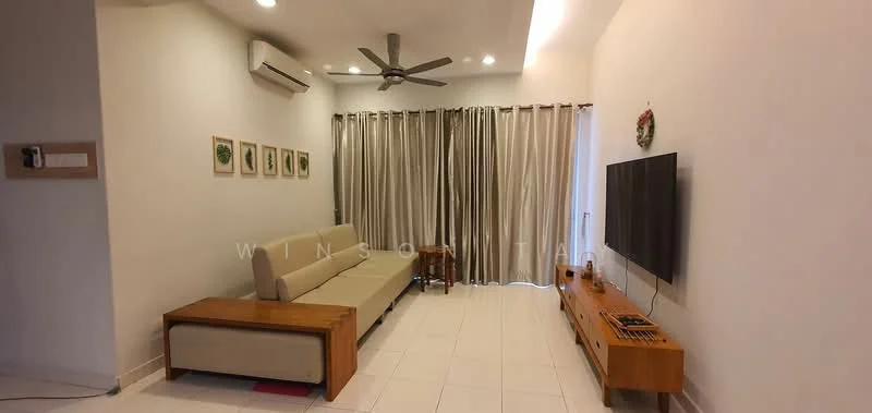 Living features: 3-seater fabric sofa in beige, wooden coffee table, TV console, wall-mounted TV, floor-to-ceiling curtains, recessed downlights, ceiling fan, white painted walls, tile flooring, decorative wall art; style: modern.