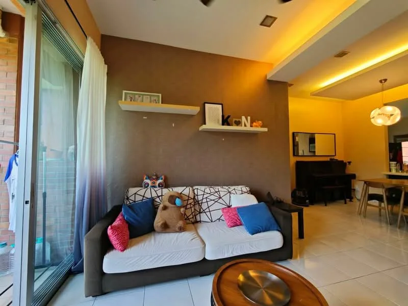Living features: 3-seater fabric sofa in white, decorative cushions in blue and pink, wooden coffee table, wall-mounted shelves, accent wall with textured finish, floor-to-ceiling windows with sheer curtains, recessed lighting, ceiling fan, piano, dining area visible in background, decorative wall art, light-colored tile flooring; style: modern; view: garden.