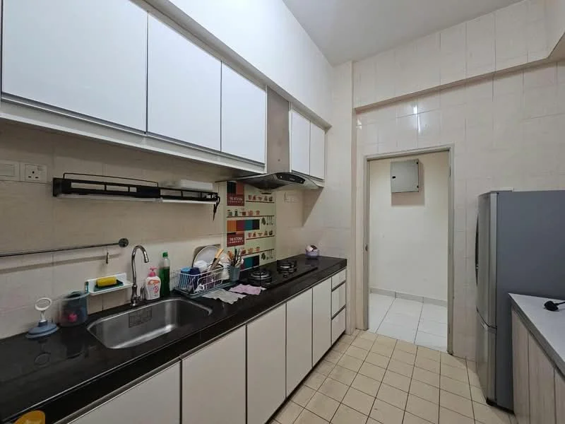 Kitchen features: white cabinetry with flat-panel doors, black granite countertop, single-bowl stainless-steel sink, chrome pull-down faucet, built-in gas stove with two burners, stainless-steel range hood, white tiled backsplash, ceramic tile flooring, refrigerator, wall-mounted shelf, under-cabinet lighting; style: modern.
