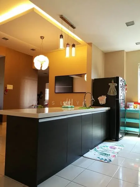 Kitchen features: island kitchen with countertop, black cabinetry, white quartz countertop, stainless-steel sink, chrome pull-down faucet, built-in refrigerator, pendant lighting, recessed ceiling lights, white tiled flooring, wall-mounted TV, open shelving, decorative rug; style: modern.