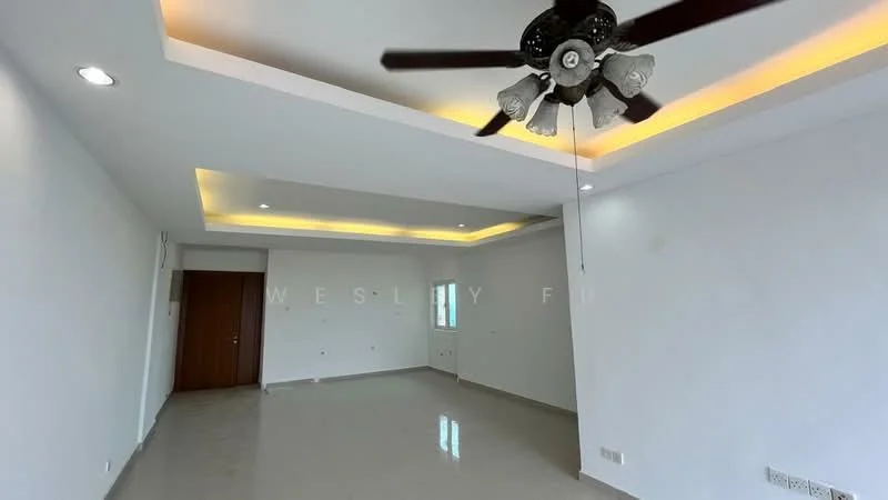 Living features: white painted walls, polished tile flooring, tray ceiling with recessed lighting, 5-blade ceiling fan with light, large window, doorway leading to another room, no visible furniture, neutral color scheme; style: modern.