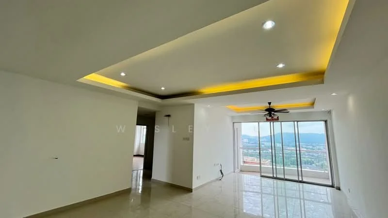 Living features: white painted walls, polished ceramic tile flooring, tray ceiling with recessed lighting, 5-blade ceiling fan with light, floor-to-ceiling windows, city view, sliding glass door, natural light from windows; style: modern; view: city.