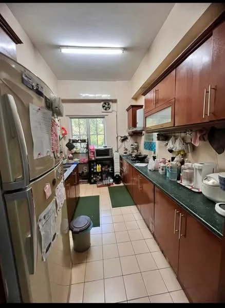 Kitchen features: wood cabinetry in brown, green granite countertop, stainless-steel fridge, built-in oven, microwave, kettle, toaster, double-bowl stainless-steel sink, chrome pull-down faucet, tile flooring, window with view to outside, light fixture on ceiling, trash bin, floor mats in green; style: traditional; view: garden.