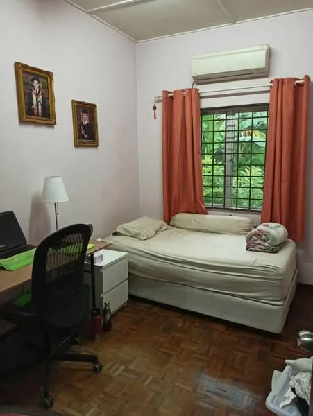Bedroom features: single bed with mattress, wooden flooring, pink painted walls, air conditioning unit, floor-to-ceiling window, orange curtains, desk with chair, table lamp, framed artwork on walls; view: garden.