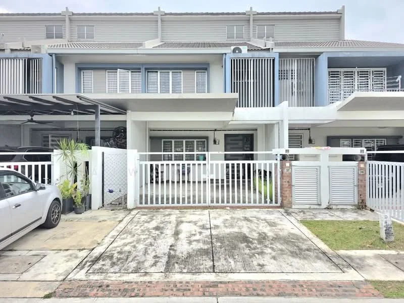 Exterior type: linked terrace house; features: white painted facade, flat roof, car porch with awning, manicured lawn, paved driveway, security gate, front fence, multiple car parking spaces, balconies on upper floors, window shutters, tropical landscaping; style: modern.