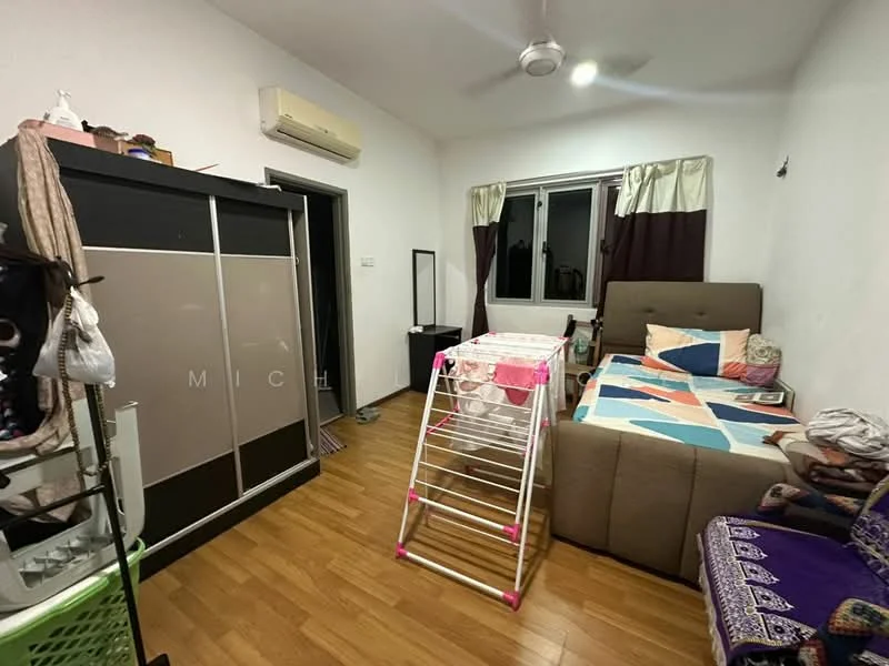 Bedroom features: queen-size bed with patterned bedding, upholstered headboard, wooden flooring, floor-to-ceiling window with sheer curtains, 2-tone curtains (dark brown and light), wall-mounted air conditioning unit, built-in wardrobe with sliding doors, mirror on dresser, clothes drying rack, decorative throw pillows, small side table, decorative wall art; style: modern.