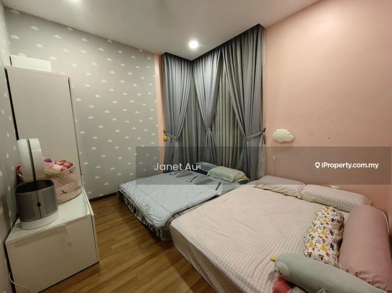 Bedroom features: pink painted walls, grey curtains, wooden flooring, two single beds with bedding, white wardrobe, decorative cloud wall decals, bedside table, fan, area rug; style: modern.