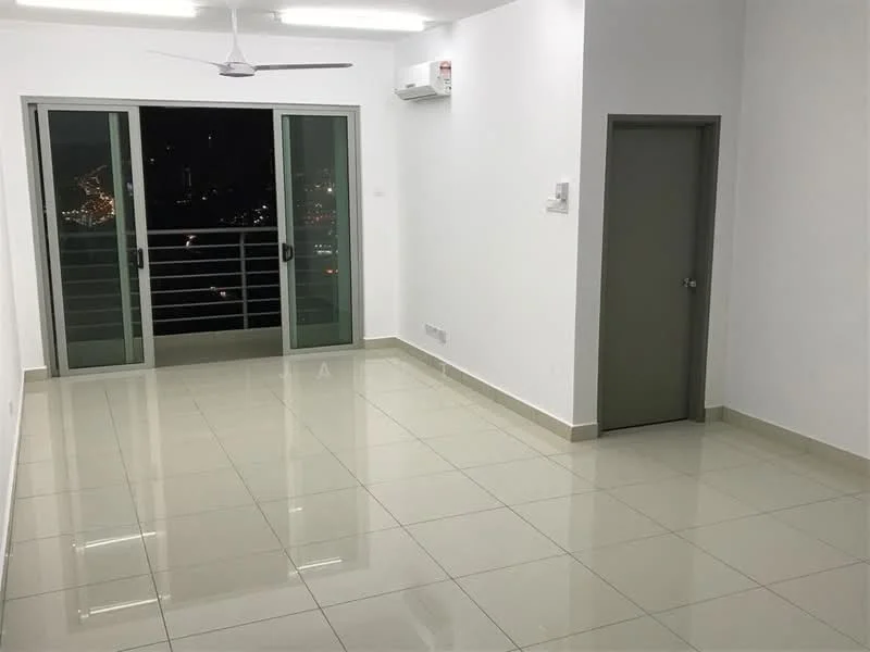 Living features: white painted walls, glossy ceramic tile flooring, 5-blade ceiling fan with light, floor-to-ceiling sliding glass doors, balcony view, wall-mounted split AC, recessed lighting, neutral color scheme; style: modern; view: city.