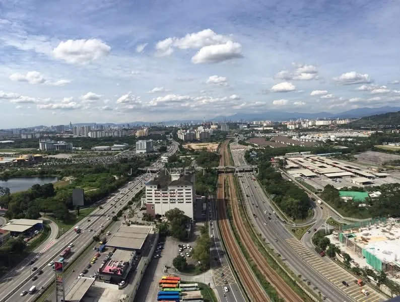 Exterior features: city skyline in background, highway visible, greenery and parks, industrial area, railway tracks, cloudy sky; style: modern.