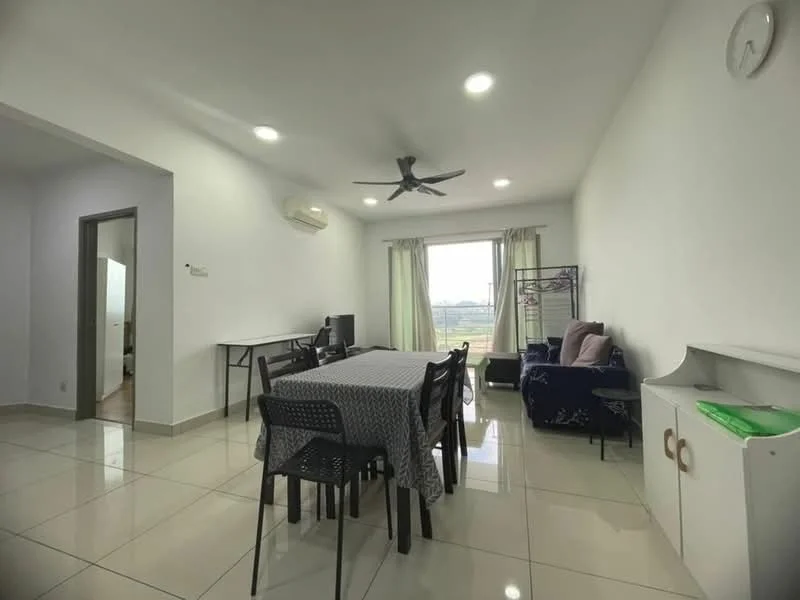 Dining features: dining table with grey tablecloth, 8 black plastic dining chairs, white painted walls, glossy white tile flooring, 5-blade ceiling fan with light, floor-to-ceiling windows, sheer curtains, air conditioning unit, decorative wall clock, sofa in blue fabric, small white cabinet, clothes drying rack; style: modern; view: city.
