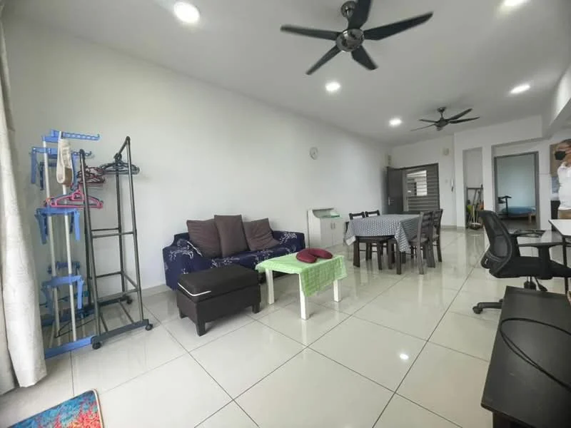 Living features: white painted walls, glossy tile flooring, 5-blade ceiling fan, 2-seater fabric sofa in dark blue, 2-seater fabric sofa in brown, coffee table, dining table with 4 chairs, black TV console, clothes rack, window with sheer curtains, recessed lighting; style: modern.