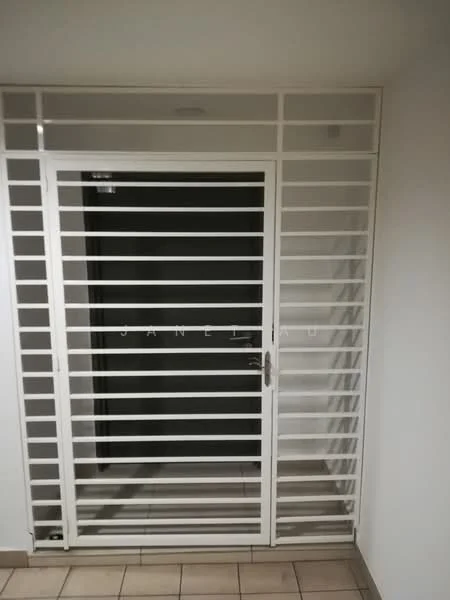 Room features: metal security grille door, white painted walls, tile flooring, light fixture on ceiling; style: modern.