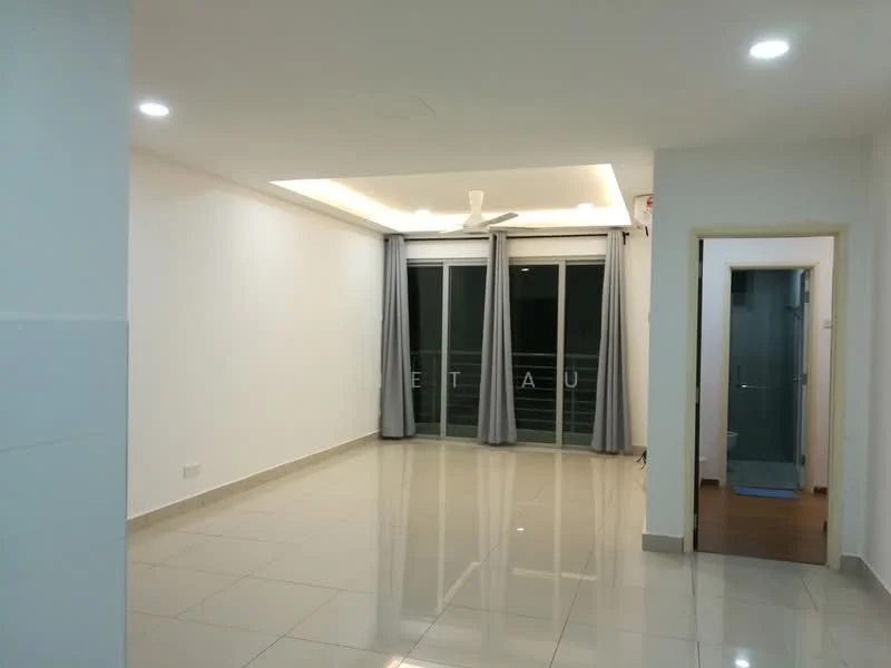 Living features: white painted walls, glossy ceramic tile flooring, tray ceiling with recessed lighting, 5-blade ceiling fan with light, floor-to-ceiling sliding glass door, grey curtains, balcony access, wall-mounted air conditioning unit; style: modern. Room features: white painted walls, wooden door, unknown flooring.