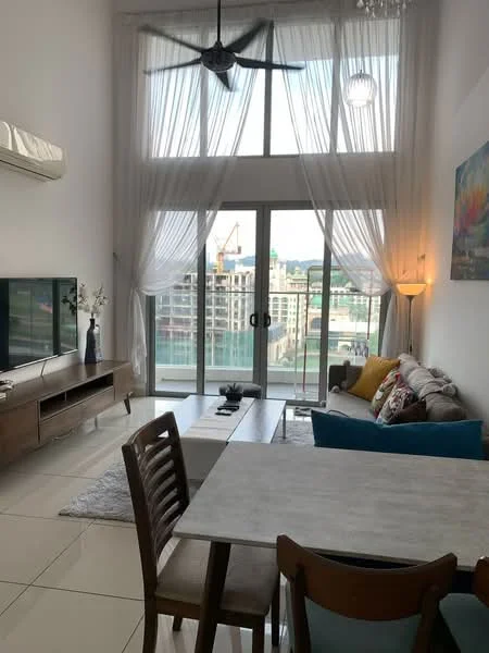 Living features: 5-blade ceiling fan with light, floor-to-ceiling windows, sliding glass door, sheer curtains, light-colored sofa with cushions, wooden coffee table, TV console with TV, decorative wall art, area rug, dining table with chairs, white tiled flooring, recessed downlights; style: modern; view: city.