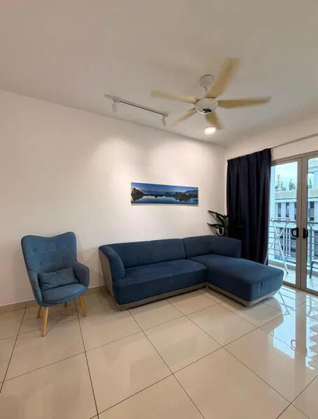 Living features: L-shape sectional sofa in blue fabric, accent chair with wooden legs in blue, ceiling fan with light, recessed downlights, large sliding glass door, floor-to-ceiling windows, white painted walls, glossy ceramic tile flooring, decorative wall art, potted plant; style: modern; view: city.