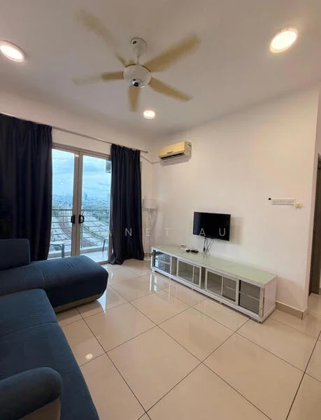 Living features: 3-seater fabric sofa in blue, coffee table, TV console, wall-mounted TV, floor-to-ceiling windows, sliding glass door, blackout curtains, 5-blade ceiling fan, recessed downlights, air conditioning unit, glossy tile flooring, white painted walls; style: modern; view: city.