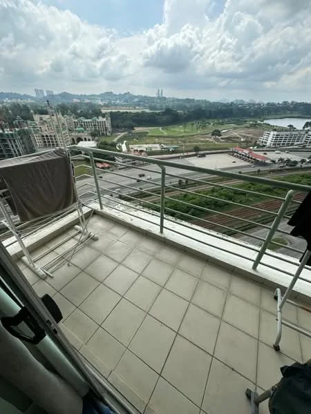 Room features: balcony, metal railing, tile flooring, city view, outdoor clothes drying rack, open sky, surrounding greenery; view: city.