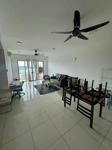 Living features: white painted walls, glossy white tile flooring, 5-blade ceiling fan with light, 2-seater fabric sofa in grey, coffee table, area rug with geometric pattern, TV console, wall-mounted TV, dining table with 4 chairs, sliding glass door, floor-to-ceiling windows, sheer curtains; style: modern; view: city.