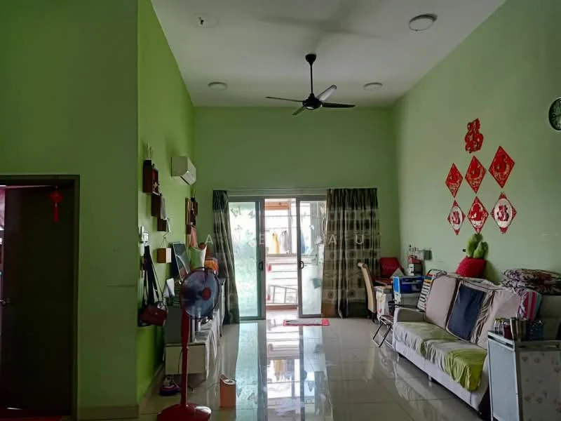 Living features: green painted walls, glossy tile flooring, 5-blade ceiling fan with light, sofa with colorful cushions, wall-mounted air conditioning unit, sliding glass door, curtains, decorative wall art, floor lamp, fan, coffee table, bookshelves, decorative items on shelves; style: modern; view: garden.