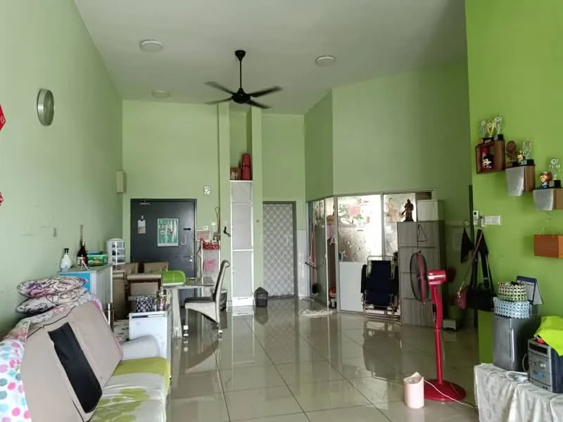 Living features: green painted walls, glossy tile flooring, 5-blade ceiling fan, sofa with cushions, dining table with chairs, open shelving, decorative items on shelves, partition wall with glass, floor fan, wall-mounted mirror; style: modern.
