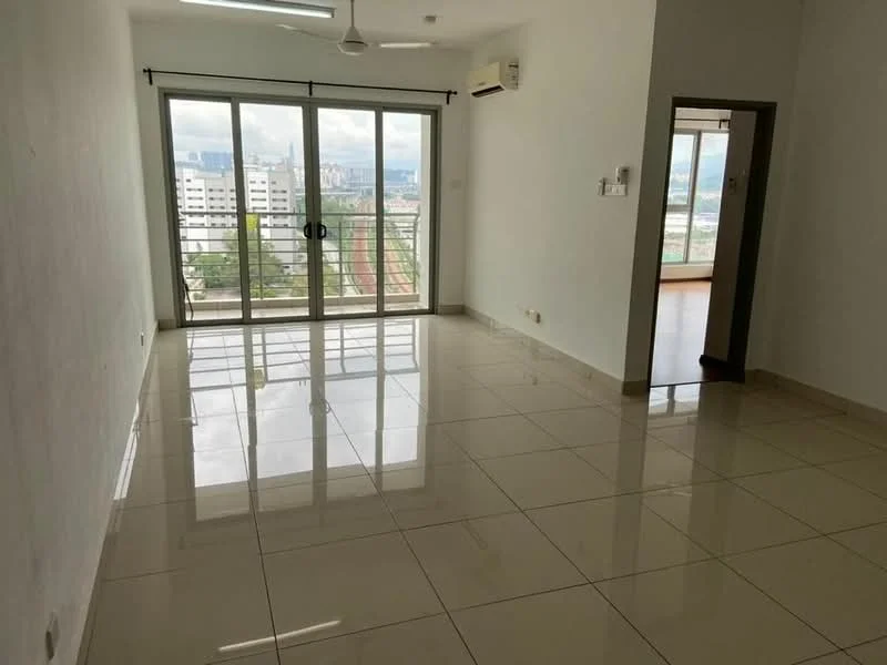 Living features: white painted walls, glossy ceramic tile flooring, 5-blade ceiling fan with light, floor-to-ceiling sliding glass door, balcony access, air conditioning unit, natural light from large windows, neutral color scheme; style: modern; view: city.