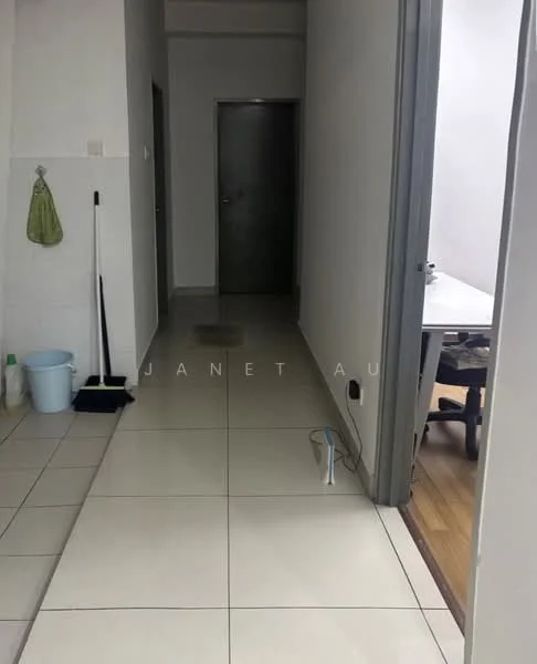 Hallway features: white painted walls, tile flooring, ceiling light, door leading to another room, door leading to bathroom, cleaning supplies, broom, bucket, visible electrical outlet.