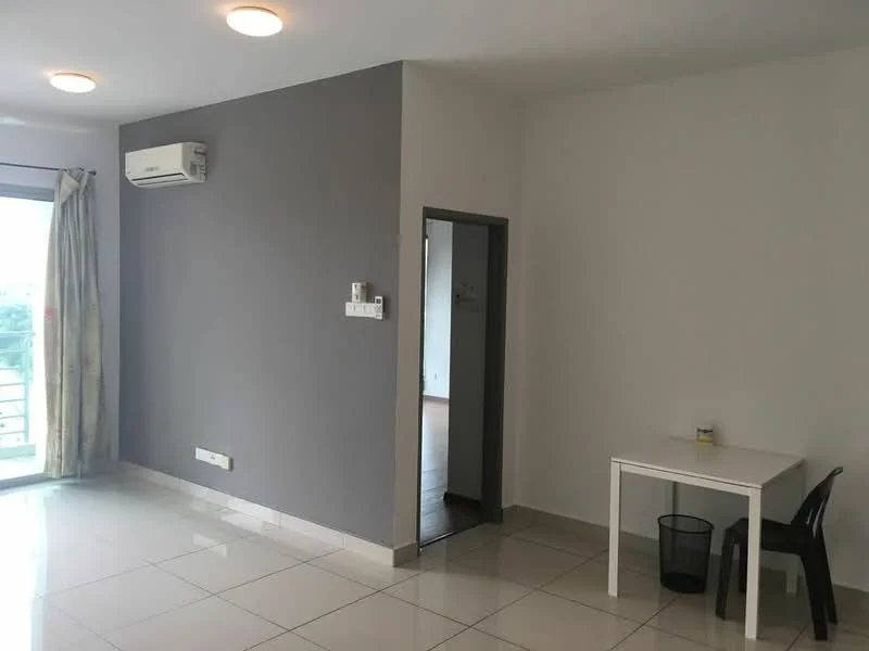 Room features: white painted walls, grey accent wall, glossy tile flooring, 1 wall-mounted split AC, recessed downlights, floor-to-ceiling windows, sheer curtains, small table, plastic chair, waste bin; style: modern; view: city.