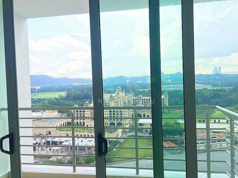 Room features: floor-to-ceiling sliding glass doors, glass railing, view of city skyline, view of landscaped grounds, natural light, white walls, neutral flooring; style: modern; view: city.