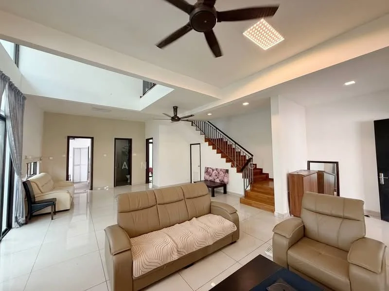 Living features: cream leather sofa, 3-seater sofa, 2-seater sofa, coffee table, ceiling fan with light, recessed downlights, white painted walls, glossy tile flooring, staircase with wooden steps, large windows with sheer curtains, open layout, decorative wall art, wall-mounted TV unit; style: modern.