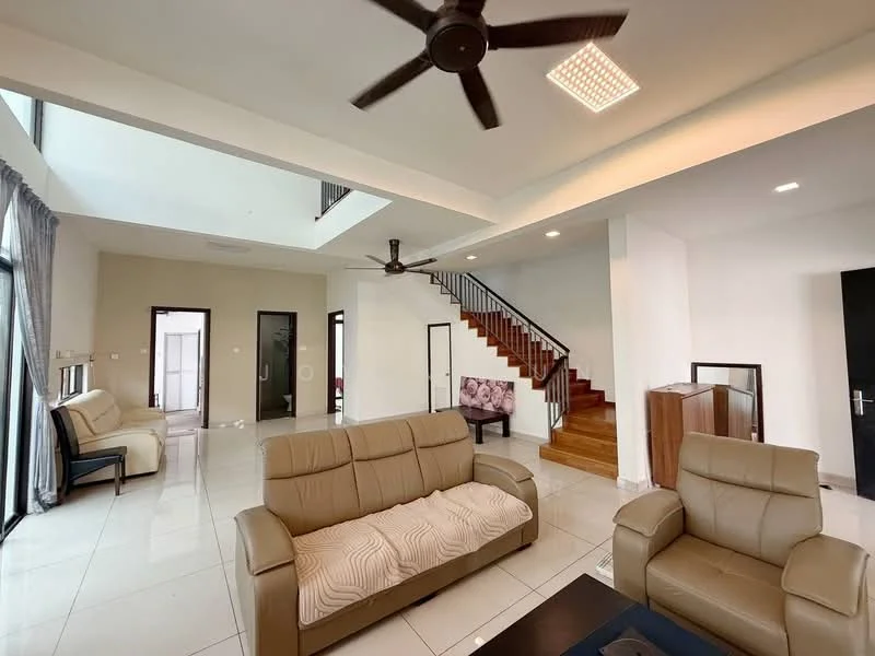Living features: cream leather sofa, 3-seater sofa, 2-seater sofa, coffee table, ceiling fan with light, recessed downlights, large windows with sheer curtains, white painted walls, glossy tile flooring, staircase with wooden steps, open-plan layout, decorative wall art, black console table; style: modern.