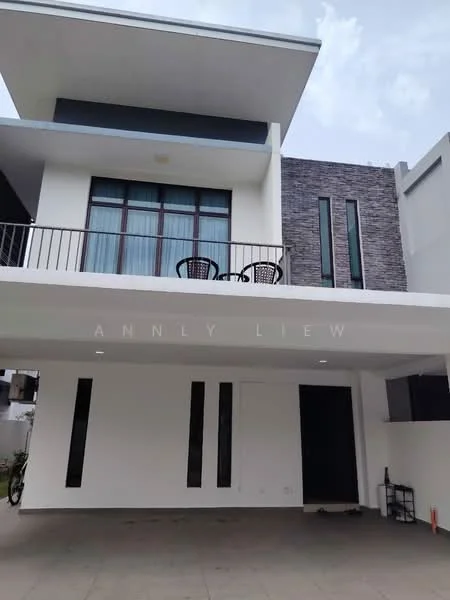 Exterior type: detached bungalow; features: white painted facade, stone cladding on one side, flat roof, balcony with railing, two outdoor chairs on balcony, large windows, covered car porch, manicured walkway, modern architectural design; style: modern.
